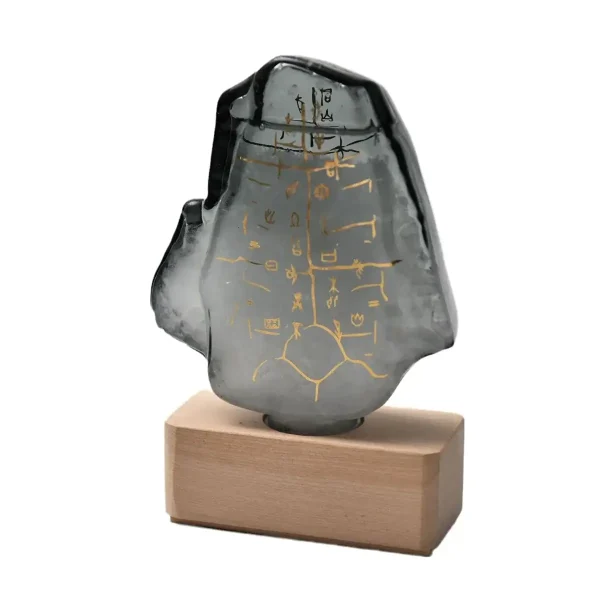 Transparent glaspendel med gyllene vetenskapliga inskriptioner, placerad på en bas av naturligt trä, idealisk för dekoration eller som en unik vetenskaplig accessoar.