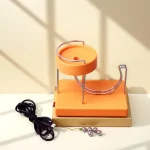 Glas biljardbana med metallbollar och elektrisk kabel, idealisk för vetenskaplig eller utbildande inredning. Ett originellt objekt för vetenskaps- och modern designentusiaster.