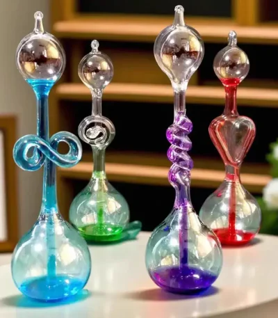 Samling av färgade laboratorievaser i glas, med varierande former och eleganta detaljer, perfekta för vetenskaplig eller modern dekoration.