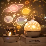 Dekorativ lampa i form av en planet med projektion av himlakroppar och stjärnor, idealisk för en vetenskaplig eller barnvänlig dekoration, som skapar en kosmisk atmosfär i rummet.