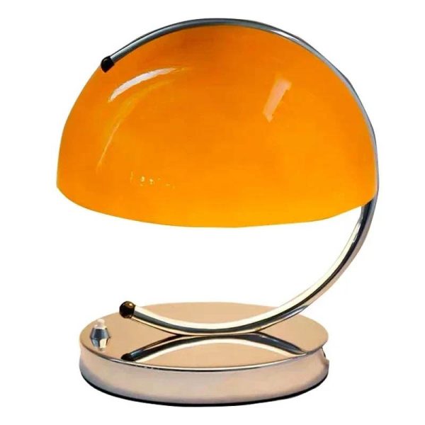 Vintage orange skrivbordslampa med bas i kromat metall, elegant och retro design, perfekt för vetenskaplig eller modern dekoration.