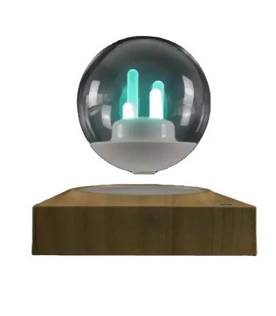 Vetenskaplig lampa med glasglob och träbas, idealisk för vetenskaplig eller pedagogisk inredning.