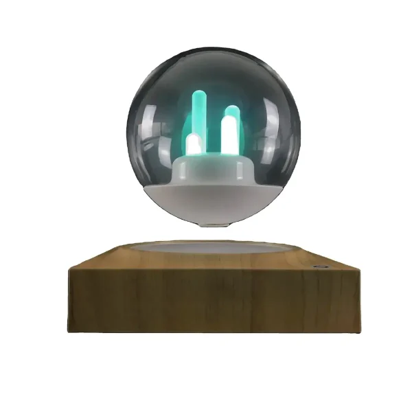 Vetenskaplig lampa med glasglob och träbas, idealisk för vetenskaplig eller pedagogisk inredning.