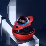 Innovativt vetenskapligt apparat med svävande holografisk sfär och röd ring, som illustrerar avancerad teknik och modern inredning inspirerad av vetenskap.