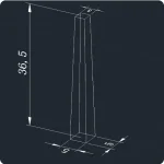3D-mätpinn med detaljerade dimensioner, som illustrerar en pyramidformad struktur med en höjd av 36,5 cm, en bas av 5 cm x 5 cm och en tjocklek av 0,7 cm.