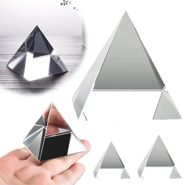 Transparent glaspyramid för dekoration eller samling, perfekt för att lägga till en vetenskaplig eller modern touch till ditt hem.
