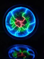 Elektrisk plasma-boll med blå, gröna och röda blixtar, som skapar en dynamisk ljuseffekt i en mörk miljö.