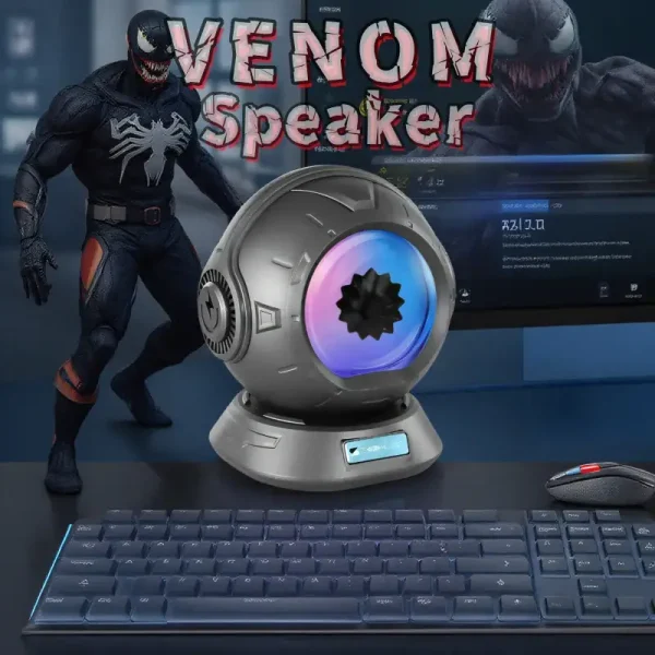 Venom-högtalare inspirerad av Venom, Marvel-karaktären, med futuristisk design och ljuseffekter.