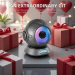 Tejpdispenser i form av en planet med LED-belysning, perfekt för kontors- eller hyllinredning med vetenskapligt eller futuristiskt tema.