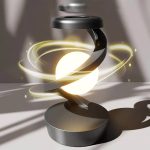 Lampa i lysande spiral med roterande ljuseffekter, modern och elegant design, idealisk för vetenskaplig eller innovativ inredning.