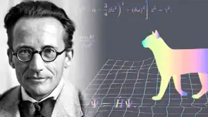 Bild som representerar Albert Einstein med ekvationer och en färgglad hund i 3D.