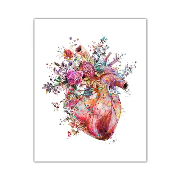 Konstnärlig illustration av ett mänskligt hjärta omgivet av färgglada blommor, kombinerar anatomi och natur i en livfull akvarellstil.
