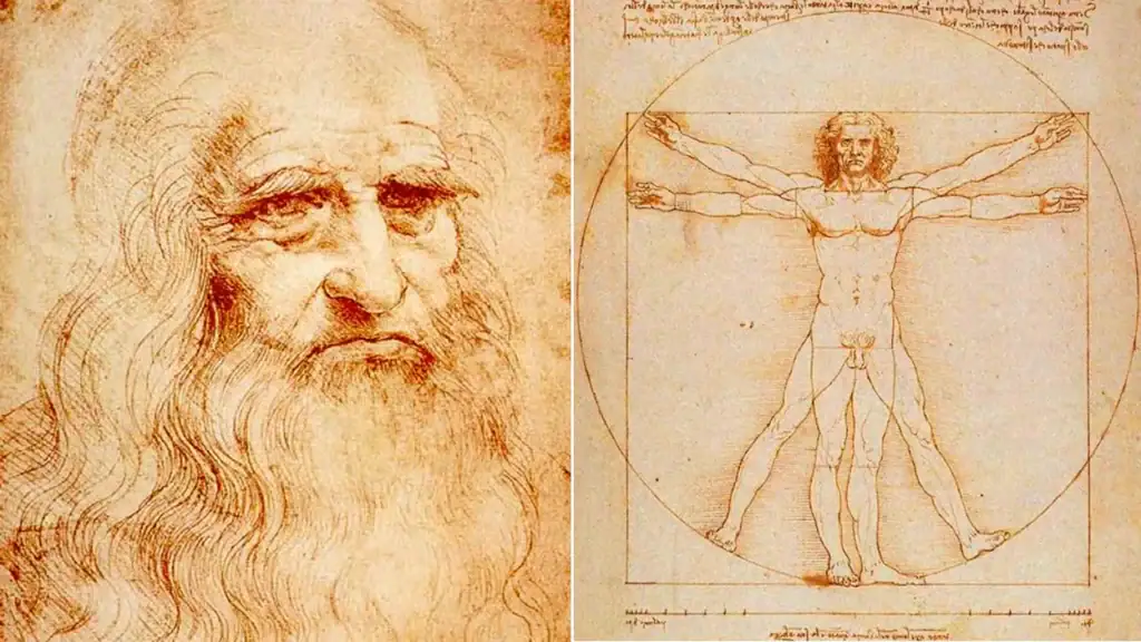 Teckning av Leonardo da Vinci som visar en porträtt av Vitruvianske mannen, som illustrerar de ideala proportionerna av människokroppen i en cirkel och en kvadrat.