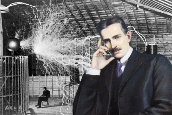 Illustration av en man i vintagekostym i ett laboratorium med ett elektriskt experiment, som framkallar vetenskap och upptäckt.