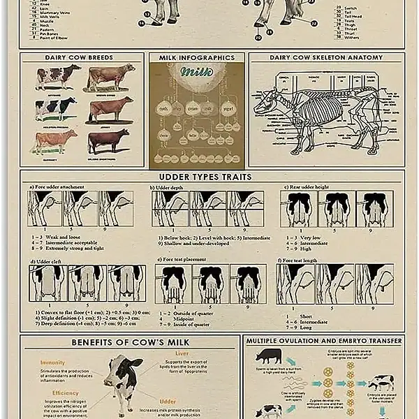 Mjölkkossa illustrerad med anatomiska detaljer, raser och specifika drag, åtföljd av infografik om mjölkproduktion, genetik och boskapsreproduktion.