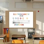 Utbildningspanel som illustrerar det elektromagnetiska spektrumet med olika våglängder och färger, som framhäver det synliga ljuset.