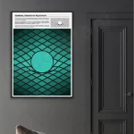 Modern vetenskaplig affisch som illustrerar den allmänna relativitetsteorin med en geometrisk bakgrund och en sfärisk symbol, idealisk för kontors- eller studiedekoration.