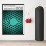 Svart hängande boxningssäck med modern vetenskaplig affisch på väggen, sportutrustning och dekoration för träningsutrymme eller gym.