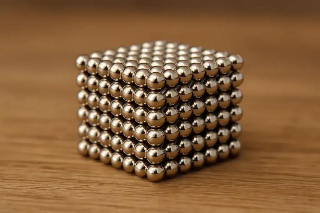 Metallkulor som bildar en magnetisk kub, idealisk för vetenskapliga experiment eller modern dekoration.