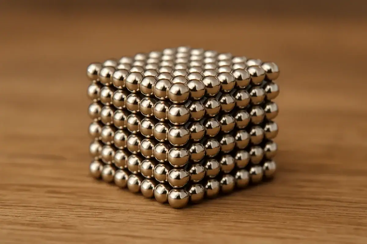 Metallkulor som bildar en magnetisk kub, idealisk för vetenskapliga experiment eller modern dekoration.