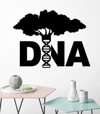 Illustration av ett stiliserat träd med en integrerad dubbel helix av DNA, som representerar kopplingen mellan natur och genetik, idealisk för modern vetenskaplig dekoration.