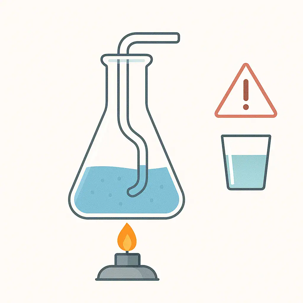 Illustration av ett kemiexperiment med en laboratoriekolv, en låga och en varningssymbol, som betonar vikten av säkerhet i laboratoriet.