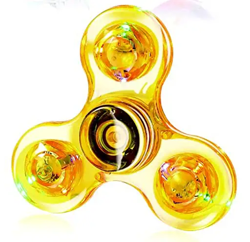 Fidget spinner i färgat glas med tre grenar, transparent och glänsande design, perfekt för dekoration eller vetenskaplig samling.