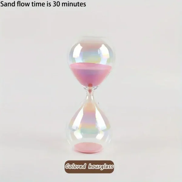 En färgglad timer i glas med rosa sand, som illustrerar en flödestid på 30 minuter.