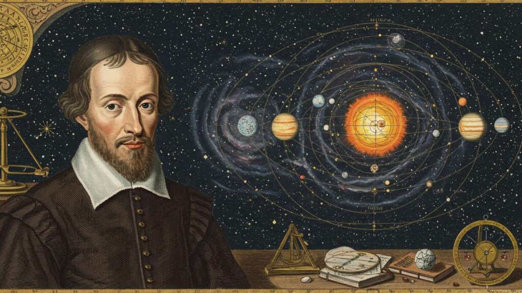 Porträtt av en man med en modell av solsystemet i bakgrunden, som illustrerar vetenskap och astronomi.