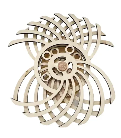 Skulpterad trävortexmodell, dekorativ och utbildande, som representerar ett fascinerande vetenskapligt fenomen med spiraldesign. Perfekt för dekoration eller lärande.