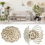Designade träpussel inspirerade av naturliga och geometriska former, perfekta för inredning eller som samlarobjekt.