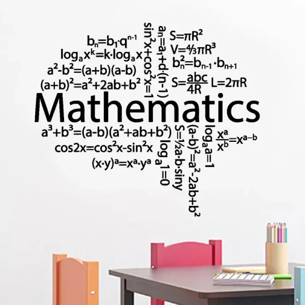 Illustration av matematiska och vetenskapliga koncept med formler och symboler, idealisk för dekoration av utbildnings- eller vetenskapsutrymme.