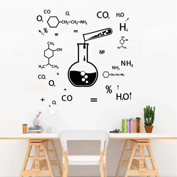Illustration av en komplex kemisk formel med en laboratoriekula, som symboliserar vetenskap och forskning.