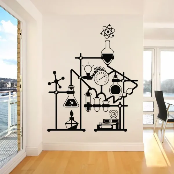Vetenskaplig väggdekoration med illustrationer av laboratoriet, inklusive kolvar, klocka och kemiska apparater, perfekt för ett modernt hem eller en utbildningsmiljö.