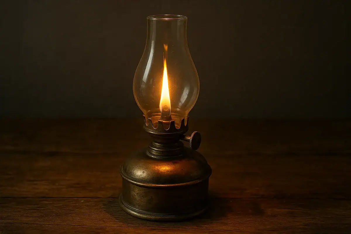 Gammaldags oljelampa i klart glas och metallbas, som mjukt lyser i mörkret.