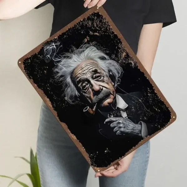 Konstnärlig illustration av Albert Einstein med pipa, porträtt i svartvitt med svart bakgrund, som framhäver hans ikoniska ansikte och distinkta mustasch.