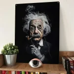 Konstnärligt porträtt av Albert Einstein med en pipa, som framhäver hans ikoniska ansikte och rufsiga hår.