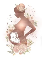 Kvinnlig silhuett med blommor och symbol för graviditet, som illustrerar moderskap och kvinnlig skönhet i en mjuk och blommig konststil.
