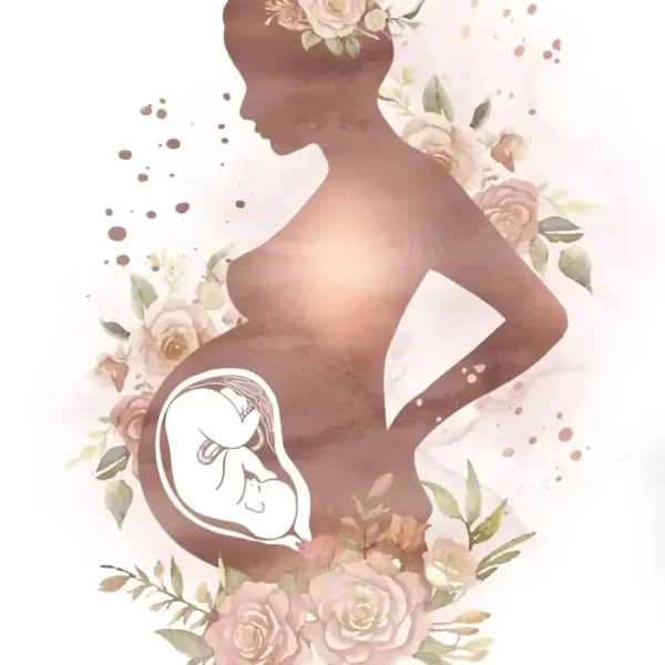 Kvinnlig silhuett med blommor och symbol för graviditet, som illustrerar moderskap och kvinnlig skönhet i en mjuk och blommig konststil.