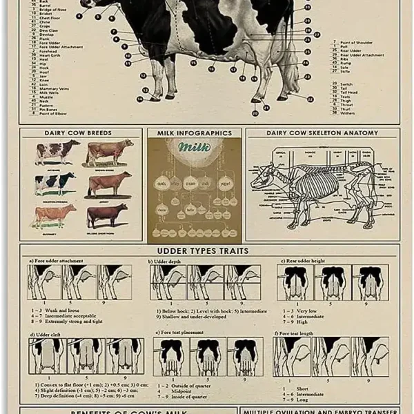 Detaljerad infografik som illustrerar anatomi, raser och fördelar med mjölk från kor.