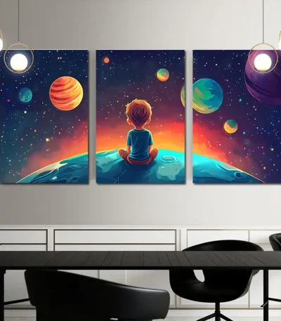 Fantastisk resa i rymden med ett barn som sitter på en planet.