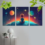 Konstnärlig illustration av ett barn som sitter på jorden, som tittar på en stjärnklar himmel med färgglada planeter, som framkallar vetenskaplig nyfikenhet och rymdutforskning.