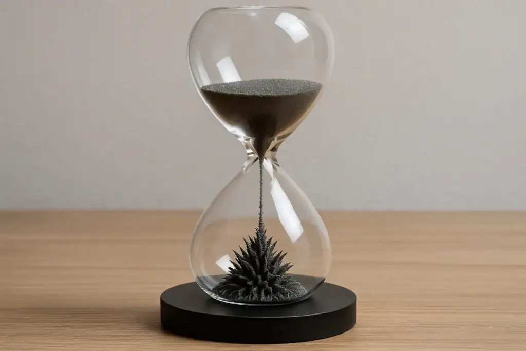 Dekorativt timglas med växt under, symbol för tid och natur, perfekt för vetenskaplig eller modern inredning.