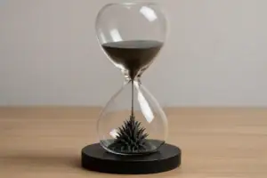 Dekorativ timglas med växt under, symbol för tid och natur, perfekt för vetenskaplig eller modern inredning.