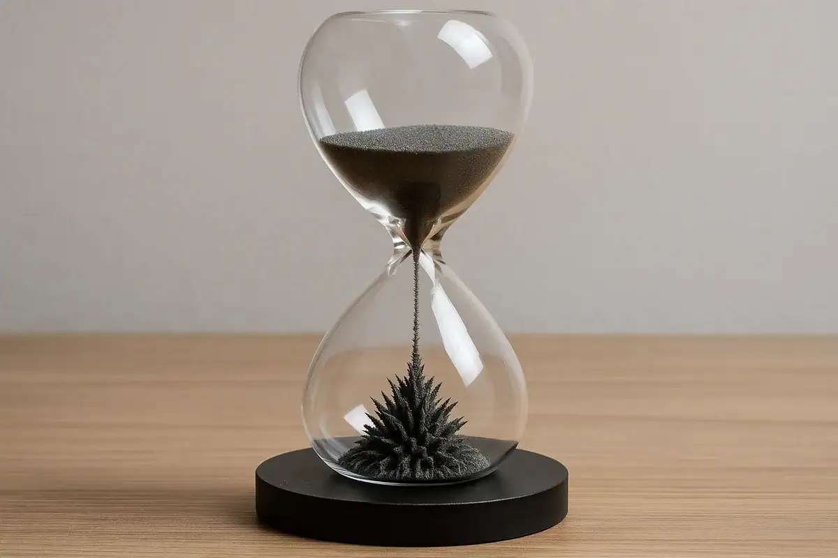 Dekorativ timglas med växt under, symbol för tid och natur, perfekt för vetenskaplig eller modern inredning.