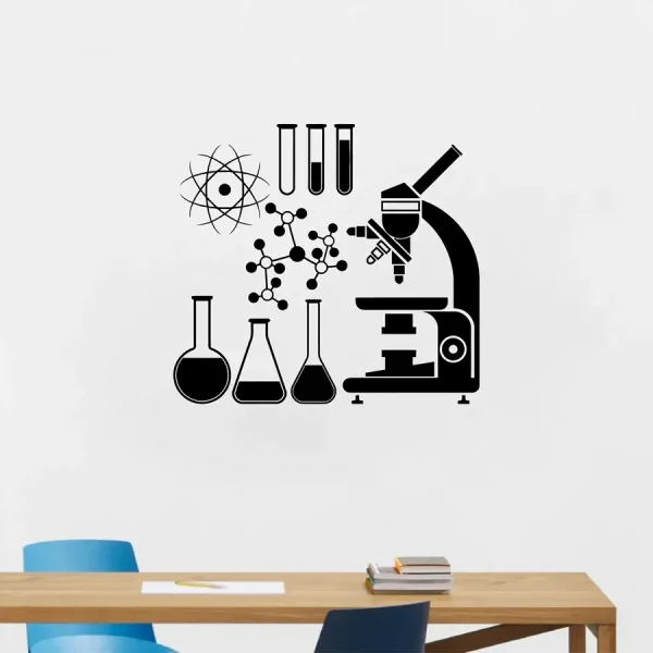 Illustration av ett vetenskapligt laboratorium med mikroskop, kolvar, molekyler och atomer, perfekt för dekoration av ditt vetenskapliga eller utbildande utrymme.