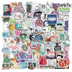Färgglad skylt med illustrationer av molekyler, experiment, vetenskapliga symboler och inspirerande citat.