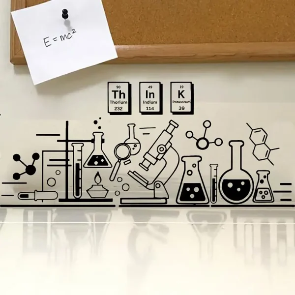 Dekorativt tillbehör med illustrationer av molekyler och kemiska instrument.