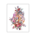 Konstnärlig illustration av en hjärna omgiven av färgglada blommor, kombinerar vetenskap och konst i en livfull blomkomposition.