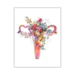 Konstnärlig illustration av ett vädursskelet med färgglada blommor och vetenskapliga element, perfekt för original och inspirerande inredning.